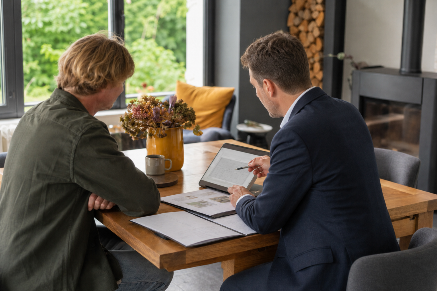 Conseiller immobilier échangeant avec un client autour d'une tablette
