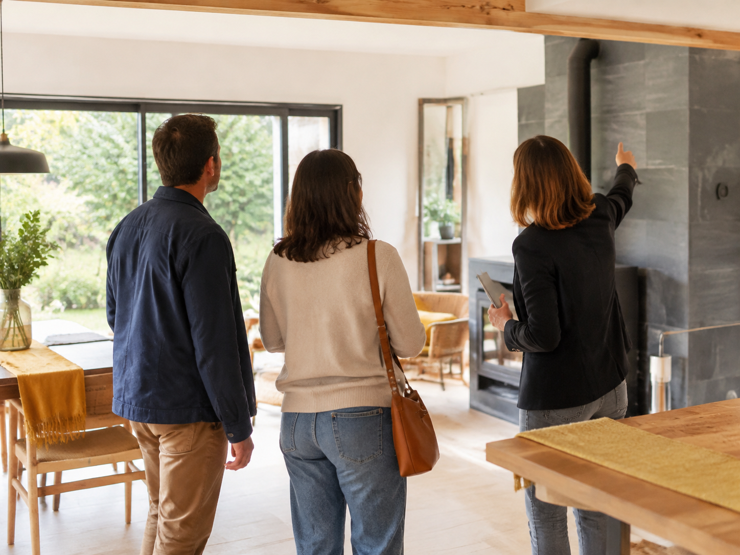 Conseiller immobilier accompagnant un couple pendant la visite d'une maison